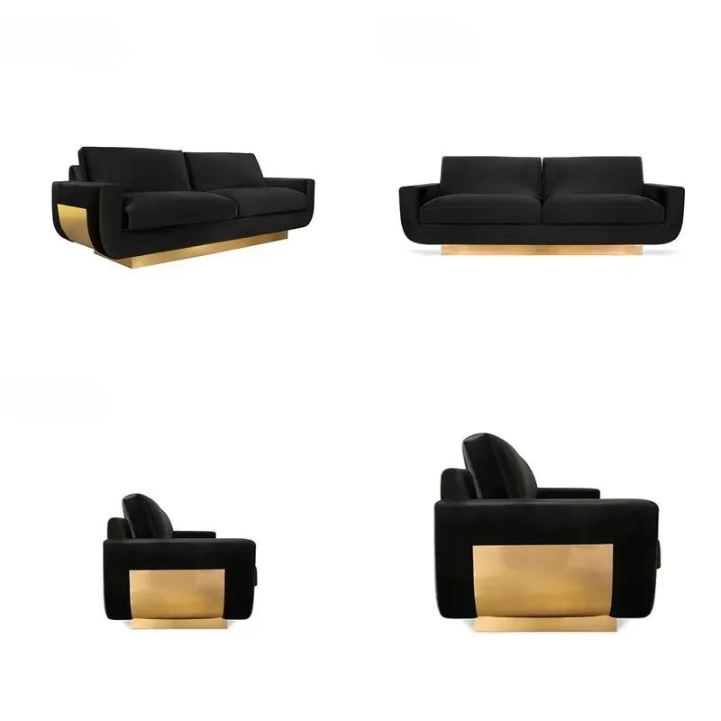 Modern minimalist living room with gold stainless steel frame fabric covering wooden upholstered sofa