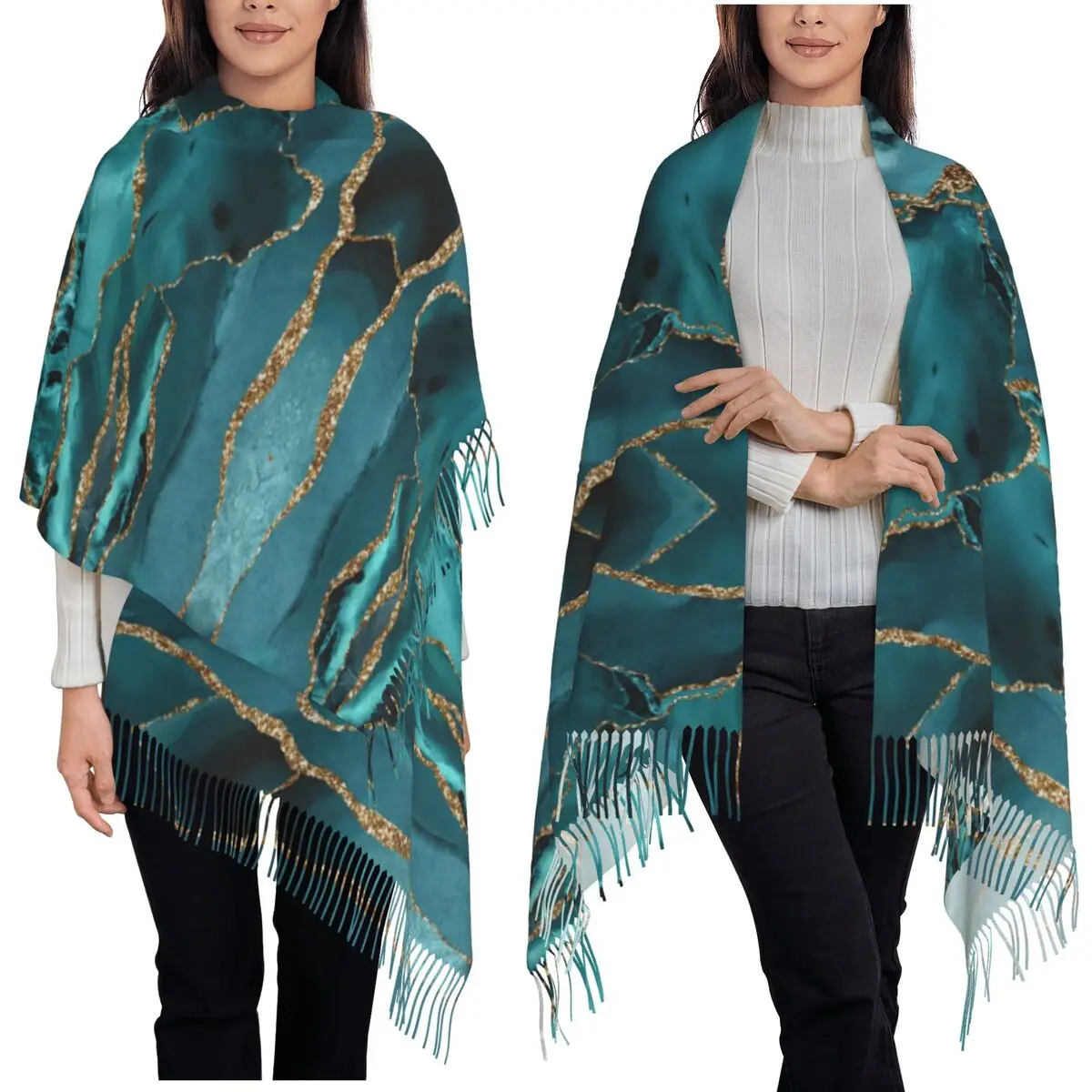 

Стильный бирюзовый синий и золотой оттенков Мраморный агат Геометрический современный шарф Шарфы с кисточками Шали и накидки Большая осенне-зимняя шаль