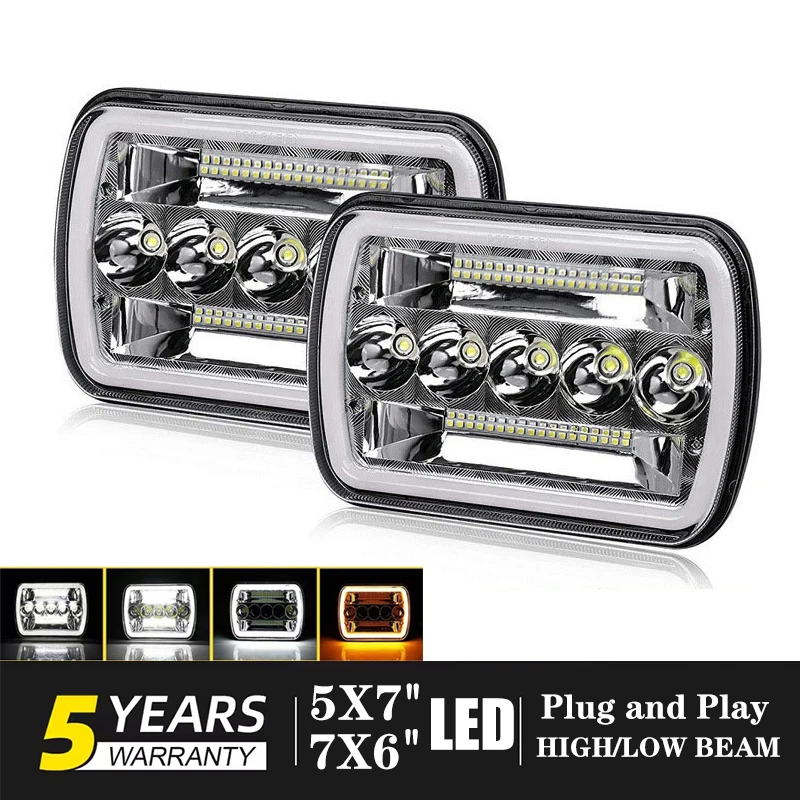 

7x6‘’ 5x7‘’ Square LED Car Headlights With Aperture Angel Eye Dual Color Hi-Low Beam Lamp For Jeep Off-road Truck DRL headlights