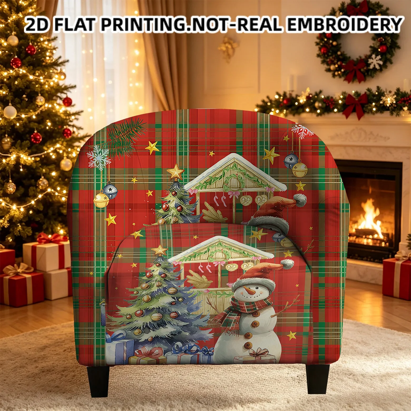 Vintage Christmas plaid seamless printed snowman gingerbread house armrest sofa cover, 2D printed elastic single club sofa cover