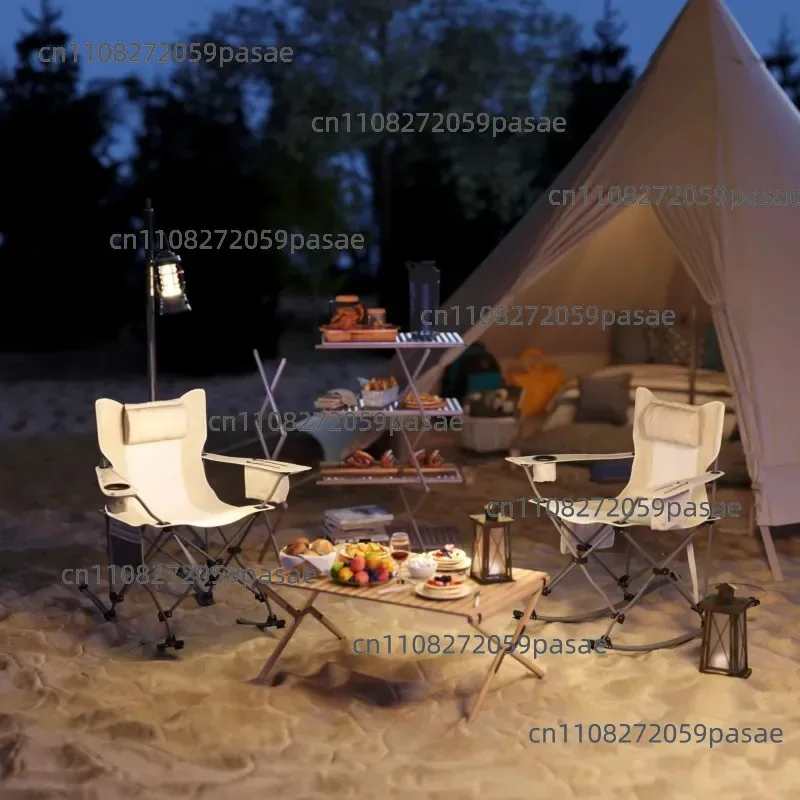2-Pack Cream Folding Rocking Chair Camping Chair Portable Fishing Chair with Comfortable Headrest Refrigerated Bag Cup Holder