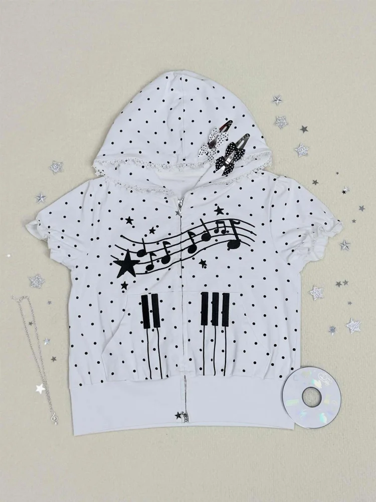 Summer Y2K white polka dot women's piano music star print slim fit hooded zipper short sleeved lace border daily fashion T-shirt