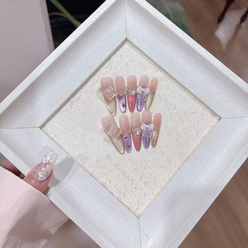10 Pieces French Colorful Cat Eye Long Handmade Press On Top of Nail Drill Butterfly Fake Nails Removable Reusable