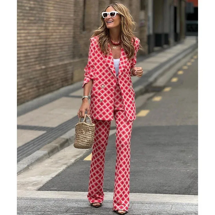 Women Autumn winter Checkered Suit Jacket Set Women Elegant Printed Red Office Two Piece Set Button Jackets&Straight Pants Neww