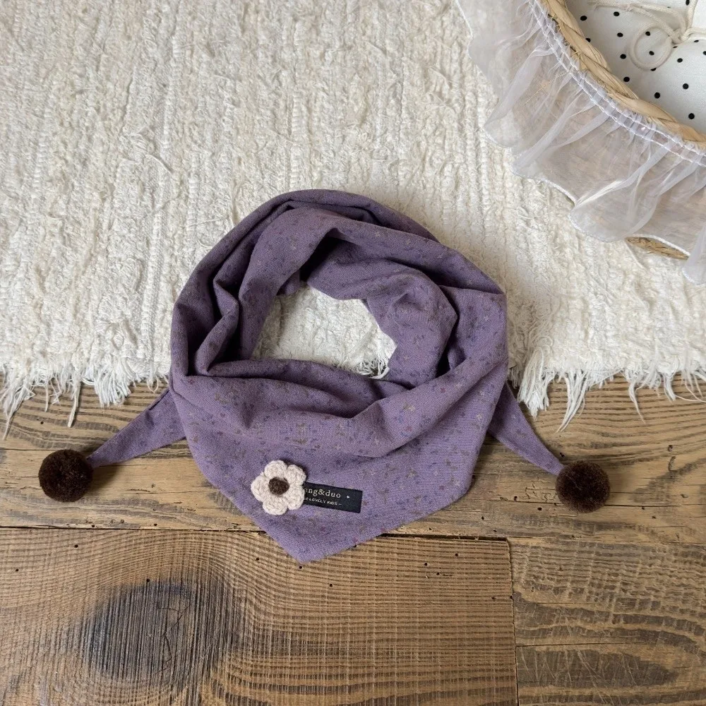 Simple 3D Floral Kid Triangle Scarf Double Pom Pom Windproof Neck Warmer Lightweight Soft Skin-Friendly Neckscarf Cold Weather