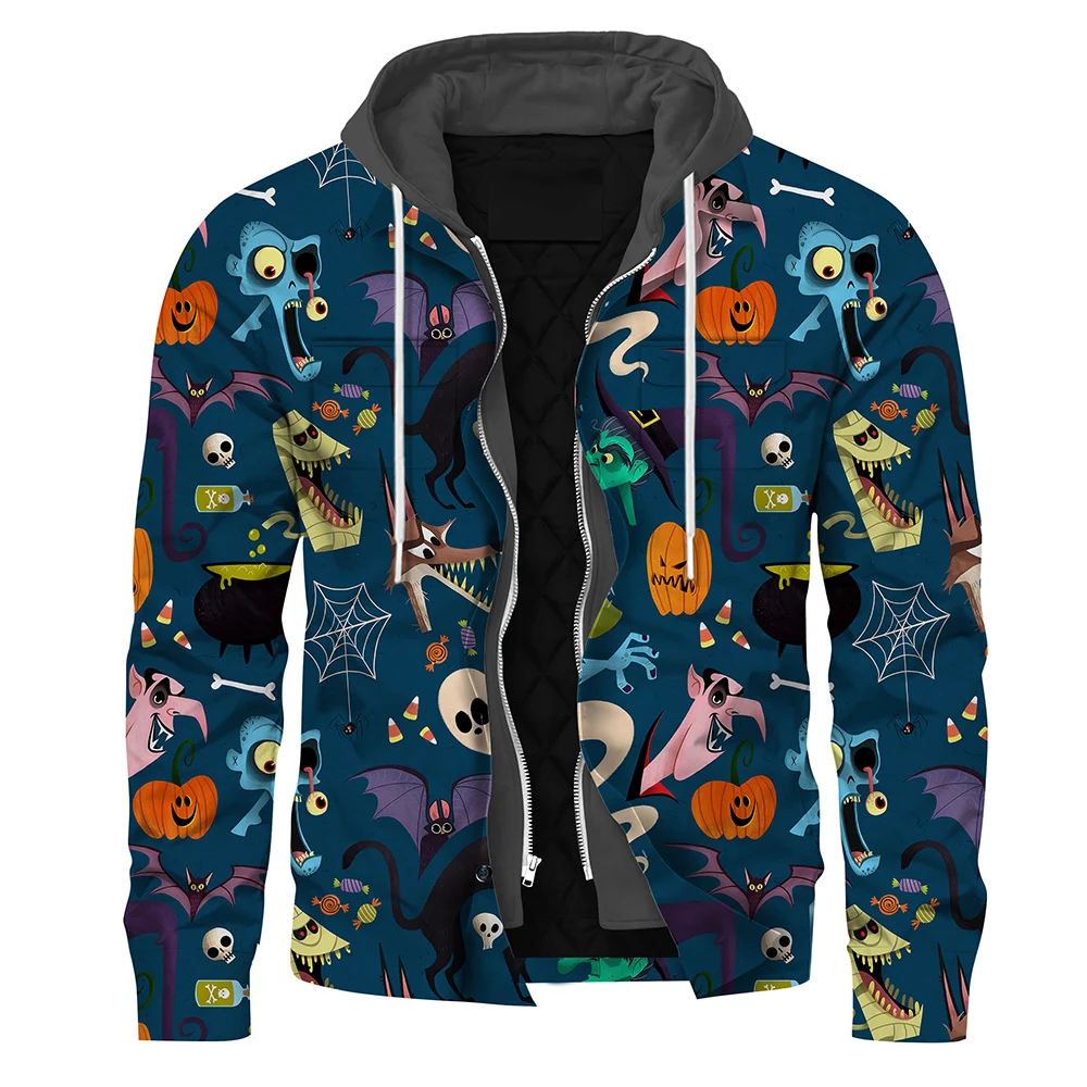 CLOOCL Men Autumn Winter Jacket Halloween Horror Small Demon Graphics Printed Hooded Zipper Long Sleeve Casual Shirt Jacket Coat