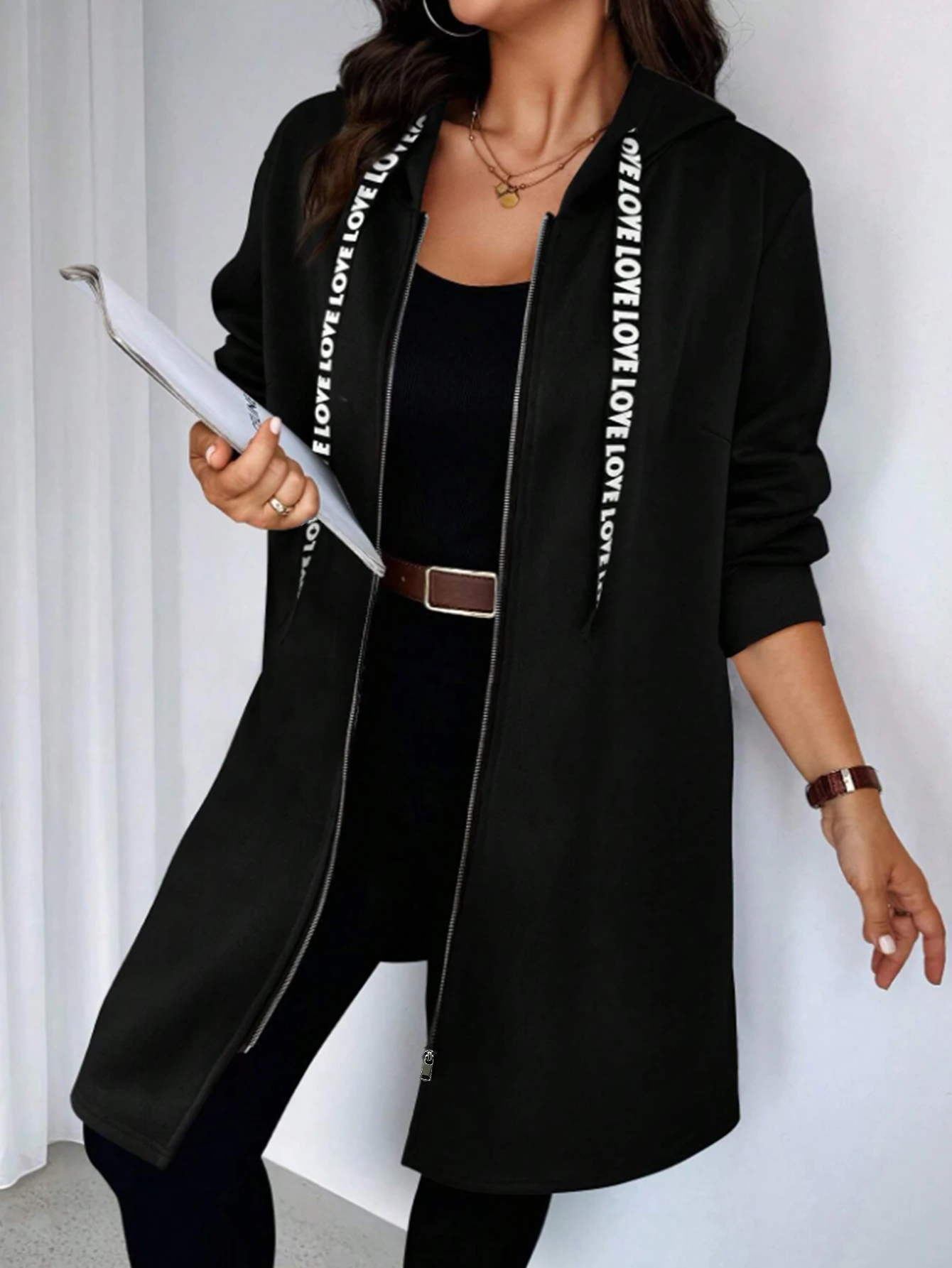 Plus Size Women's Long Zip - Up Hoodie, Double Warm Fabric, 