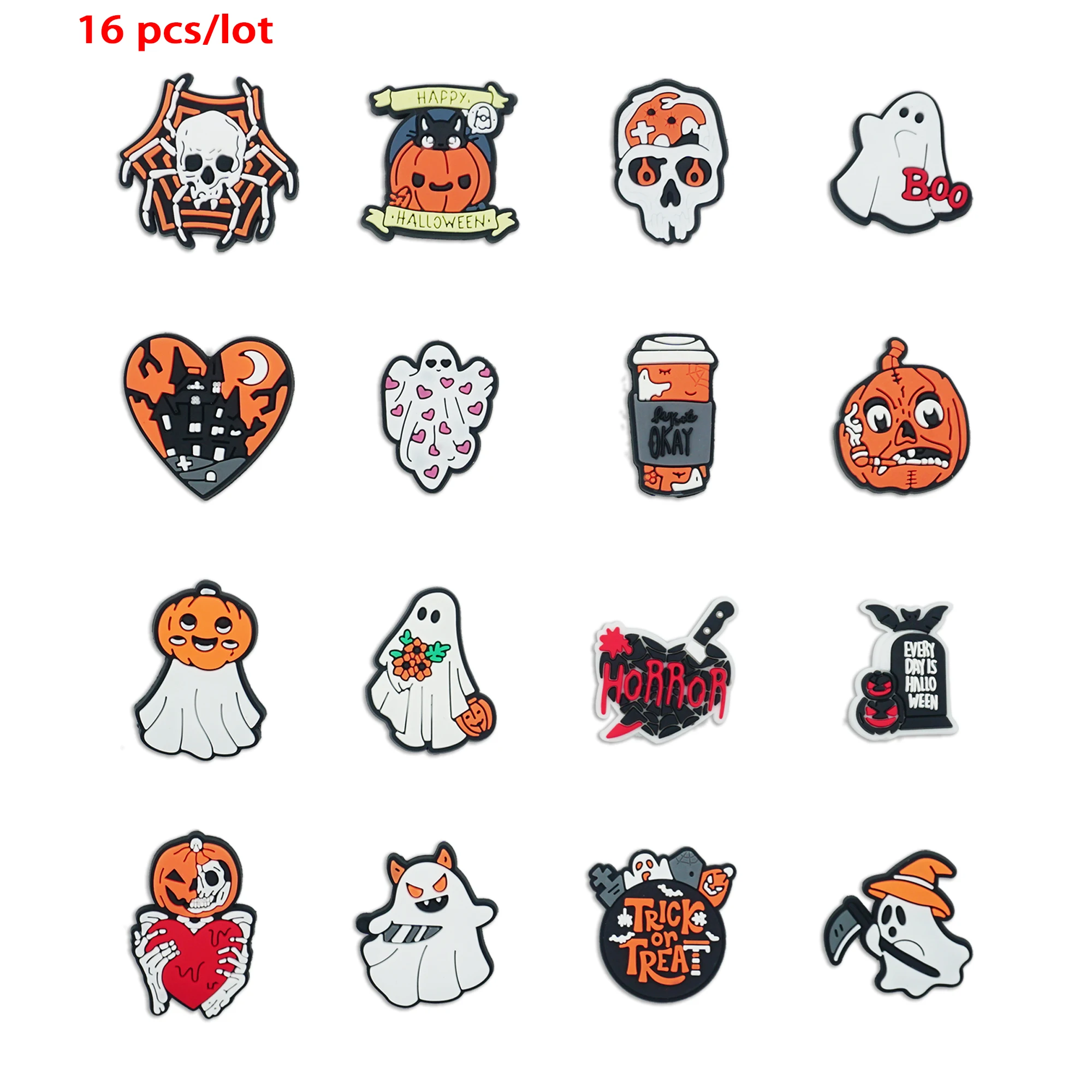 Conjunto de amuletos para sapatos com tema de Halloween - 16 peças novas com abóboras, aranhas e fantasmas assustadores para adicionar decorações de sapatos de estilo festivo