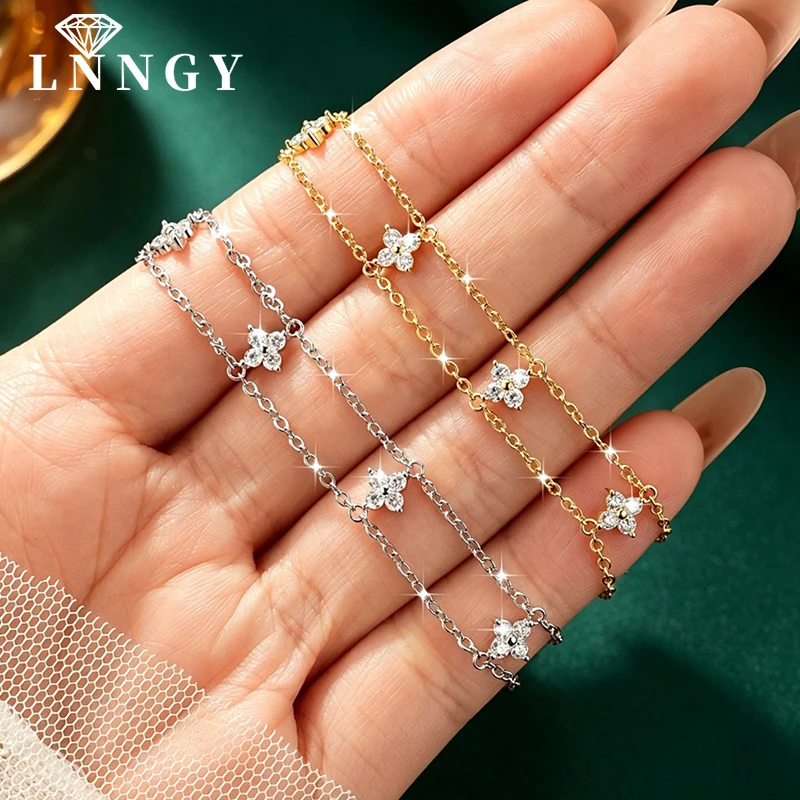 

Lnngy 2mm Moissanite Diamond Bracelet For Women 14K Gold Filled Seven Four Leaf Flower Double Chain Bracelets Jewelry Gifts