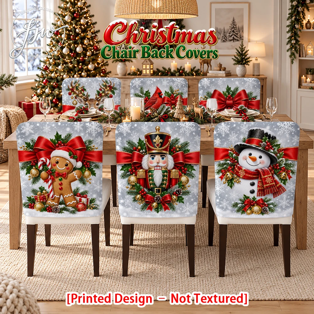 2/4/6pc Christmas Chair Back Covers Festive Holiday Dining Chair Slipcovers with Snowman Nutcracker Reindeer Designs