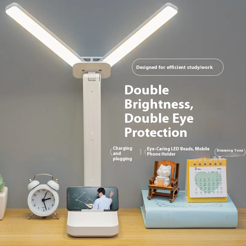 

Светодиодная настольная лампа с двойной головкой, складная USB/батарея, уход за глазами, учебный светильник для студенческого общежития, ночник для чтения
