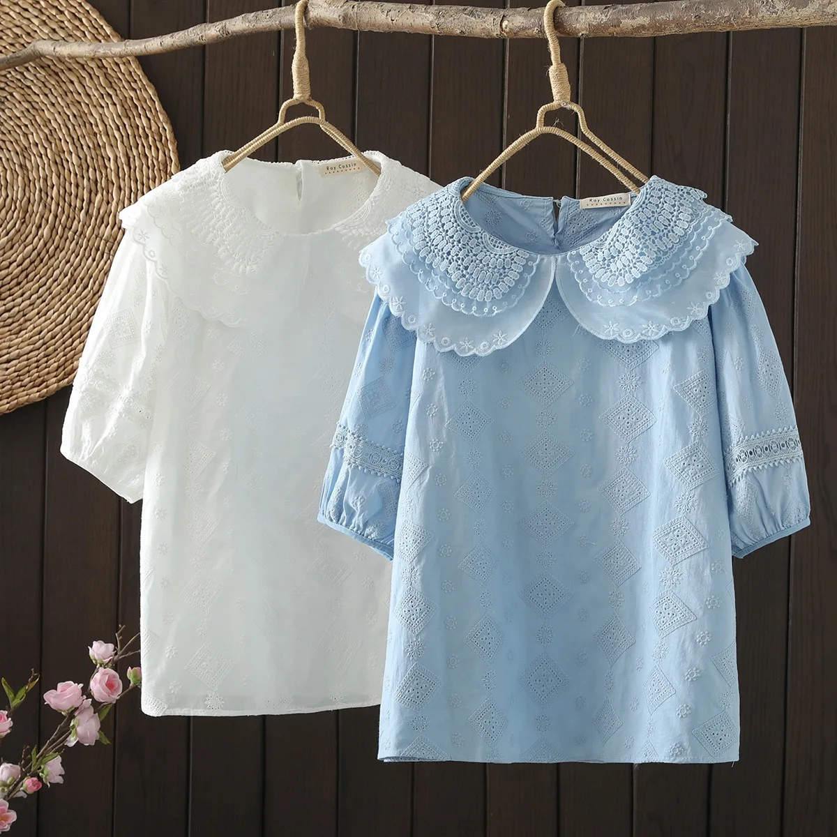 Sweet Lolita clothing mori girl Japan style kawaii double collar design white blue embroidered hollow out shirts and blouses