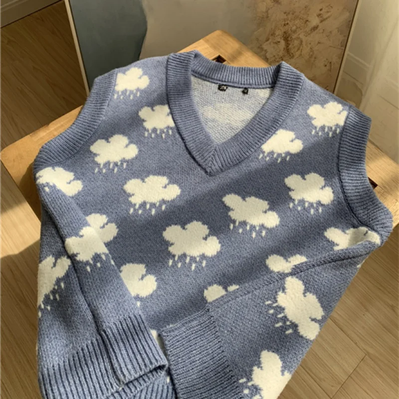 Autumn Knitted Pullover Sweater Vest Women Sleeveless Cloud Print V-neck Sweaters Loose Knit Vest Top Winter Clothes Women 15990