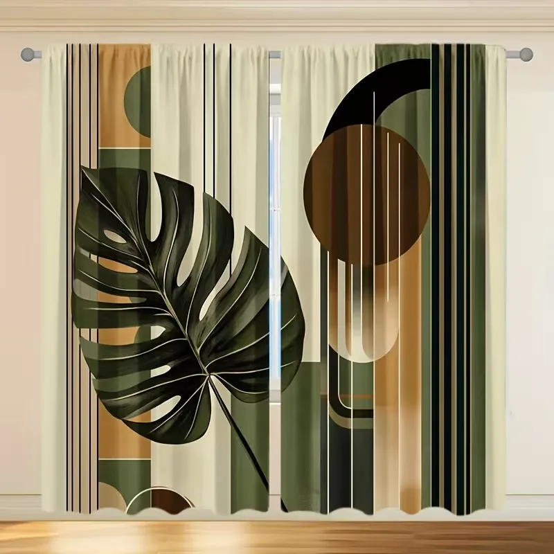 2 Pieces Dark Green Turtle Back Bamboo Leaf Textured Curtains Natural Clear Pattern Integrated Mode Decorative Window Treatments