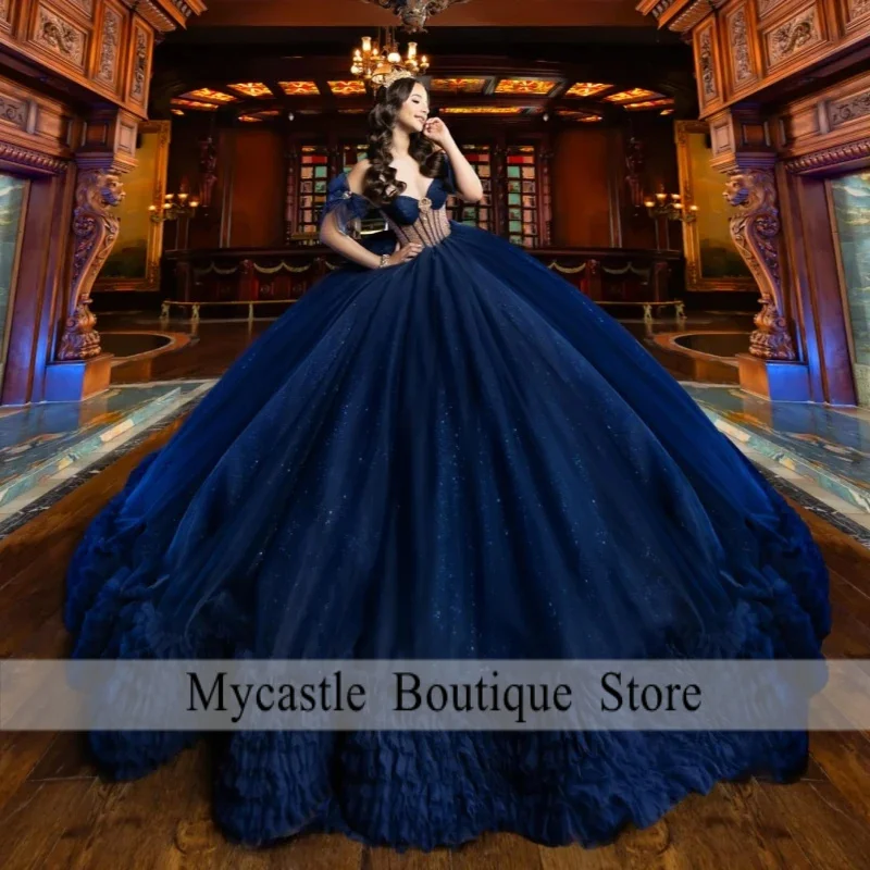 

Navy Blue Shiny Quinceanera Dresses Off The Shoulder Beading Tiered Tull Ball Gown Party Birthday Vestidos De 15 Anos Sweet 16