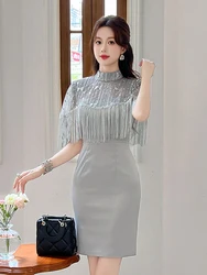 New Trendy Elegant Luxury Formal Occasion Evening Dress Women Clothes Mujer Sheer Tassels Short Sleeve Slim Party Gown Vestidos