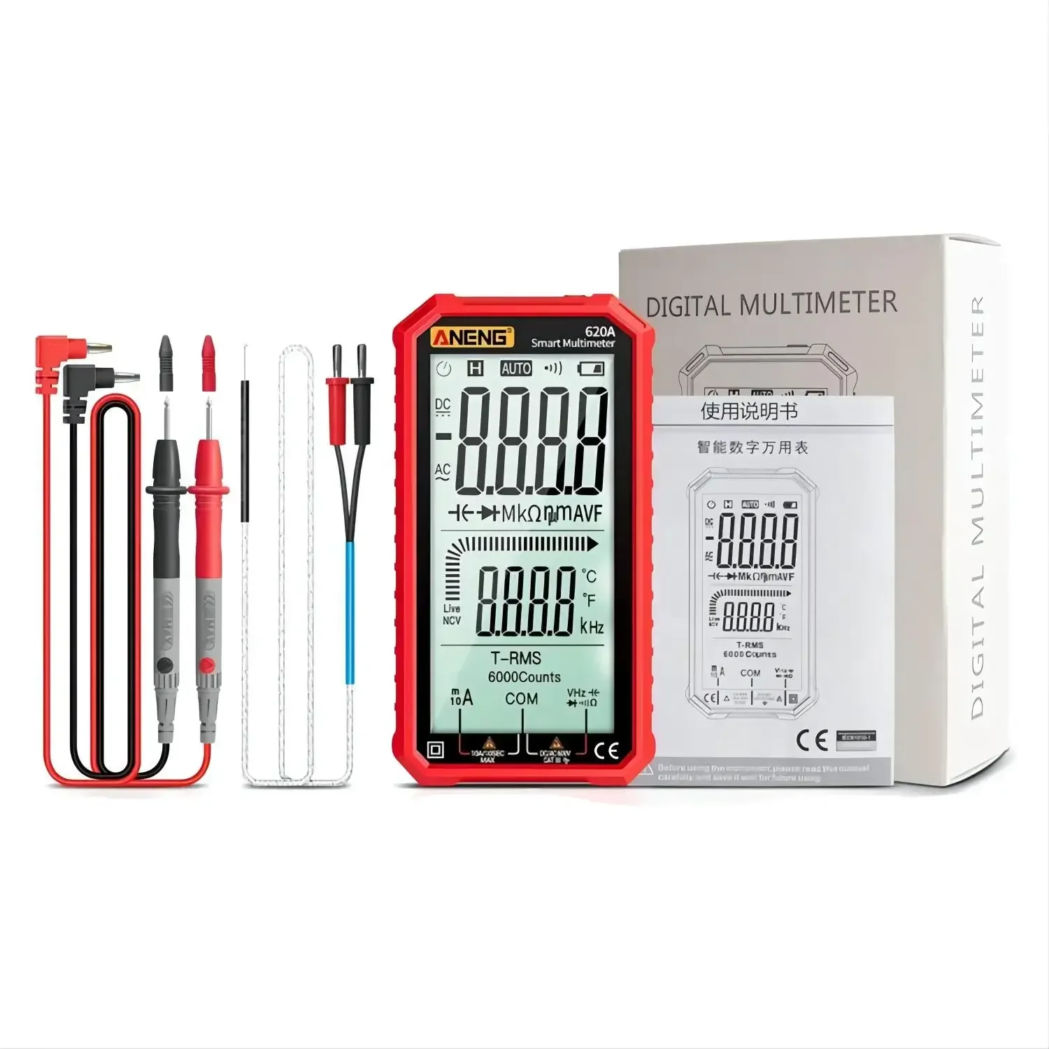 ANENG 620A Digital Multimeter AC/DC Ultraportable LCD Display True-RMS Multimeter Auto-Ranging with Amp Volt Ohm Multi Tester