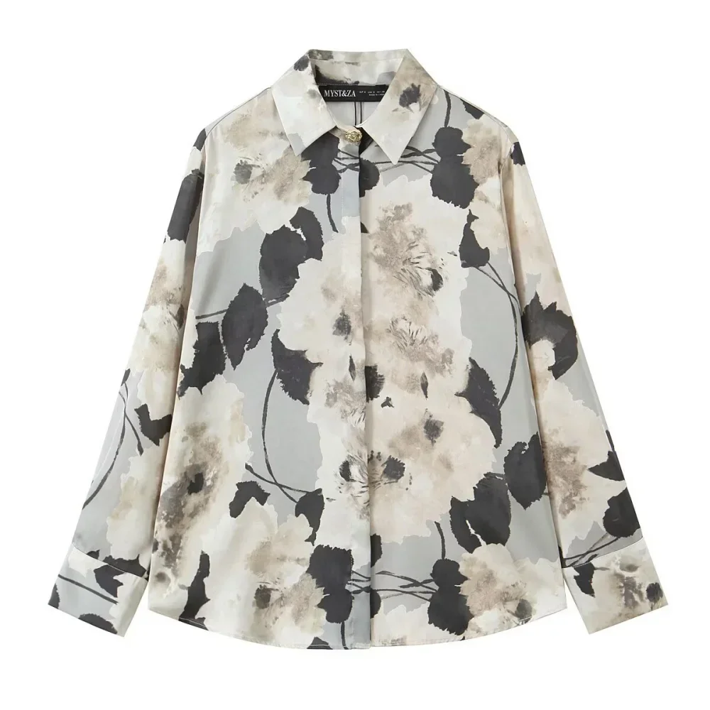 2025 nouveau haut ample pour femmes avec col manches longues bouton imprimé printemps et été nouvelle chemise de mode