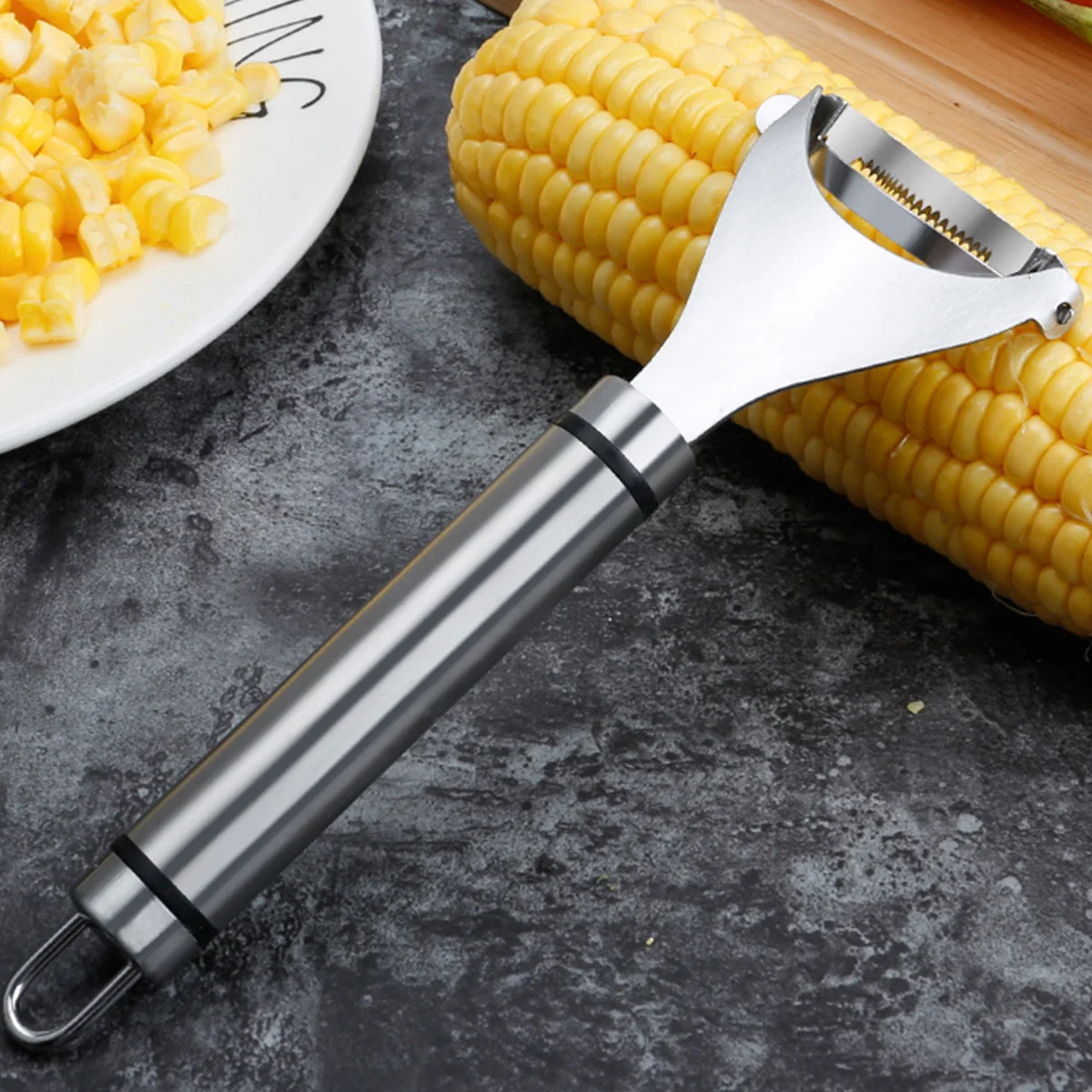 1 pelador de maíz de acero inoxidable; máquina trituradora de maíz; separador de granos; máquina peladora; utensilio de cocina.