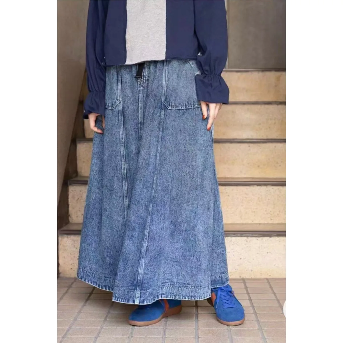 

Women's Mid-Length Denim Skirt Washed Cotton Elastic Waist A-Line Skirt Summer 2026 New Style Casual Vintage Half-length Skirt