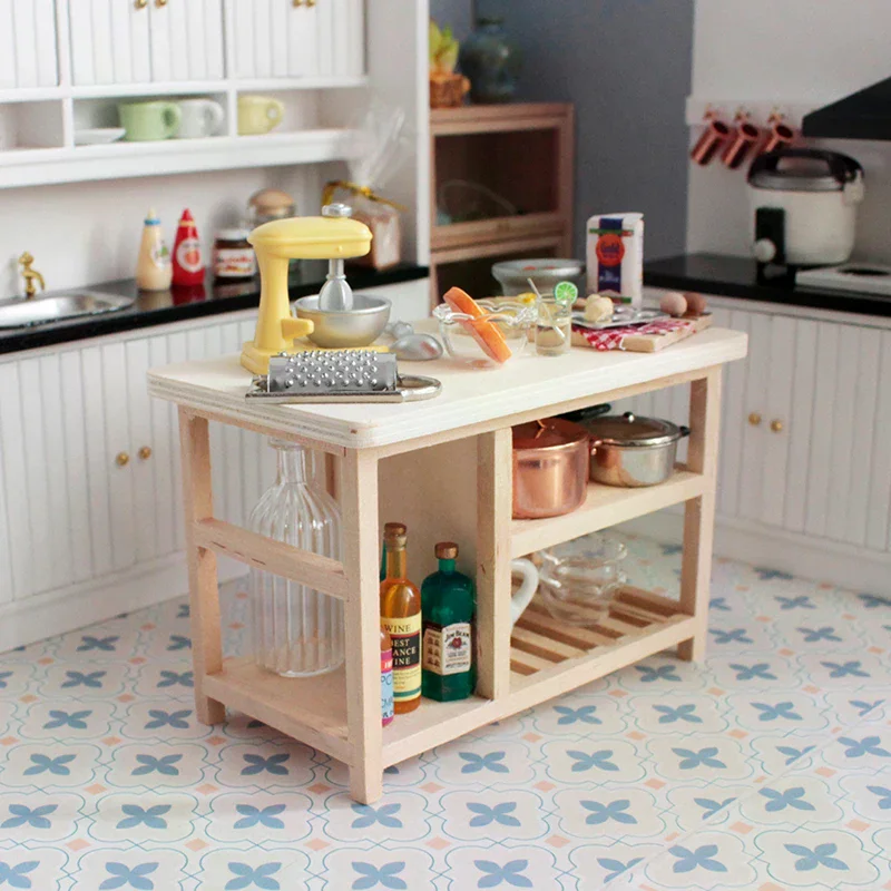 1:12 Dollhouse Miniature Table Dining Table Multi-layer Cooking Storage Table With Hook Up Furniture Kitchen Model Decor Toy