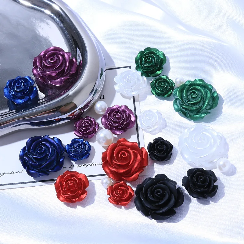 Vintage Rose Flower Resin Flat Back Cabochons For Hairpin Scrapbooking DIY Jewelry Craft Glossy Camellia Decoration Accessories