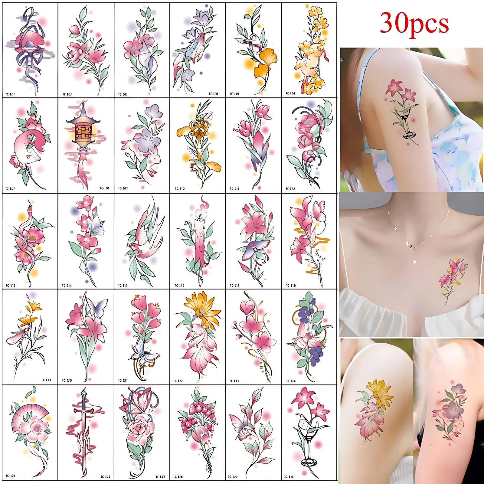 30pcs/set Summer Temporary Tattoos Stickers for Women Pink Flower Plant with Fox Sword Butterfly Tattoos tatuaje temporal mujer