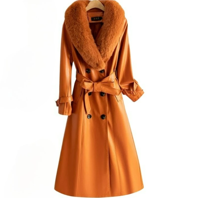 

New Leather Jackets for Women in Winter of 2026 Are Mid-length Knee-length Windbreakers with Fox Fur Collars Slim-fitting Coats