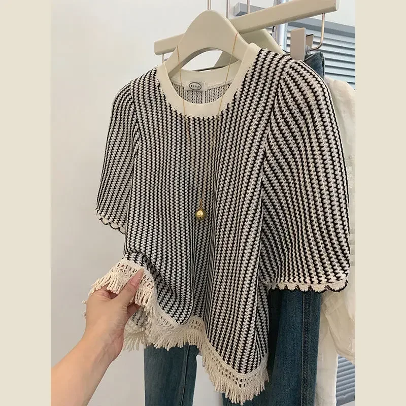 Trendy Large Size Small Fragrant Tshirt Tassel Striped Short Sleeve Contrasting T-shirt for Women Vintage Summer Loose Short Top