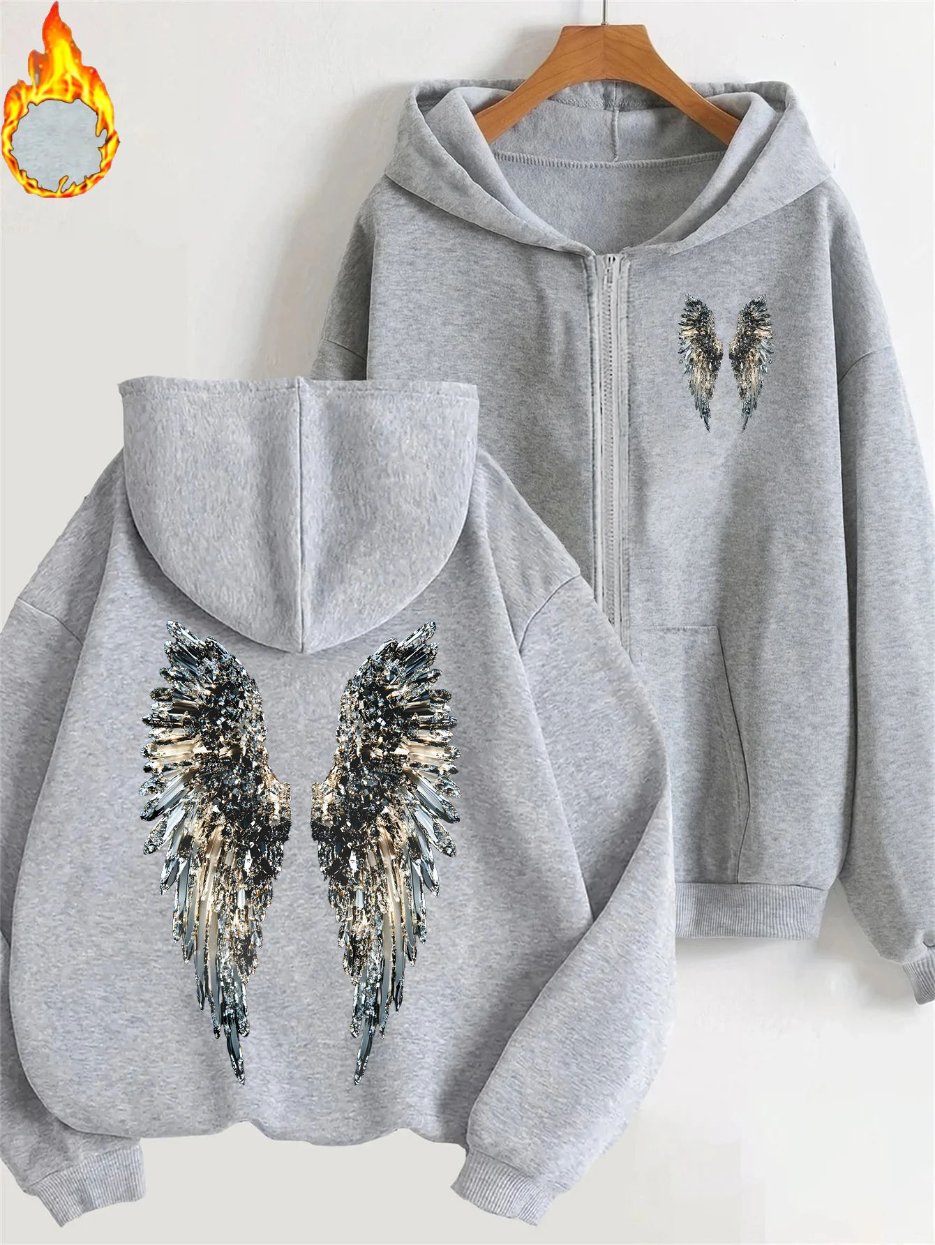 Wing Print Damen Zipper Hoodies Baumwoll-Fleece-Jacke Kapuzenpullover Sweatshirt Pullover Herbst Winter Oversize Lockerer Mantel Oberteil Casual – Detail 3
