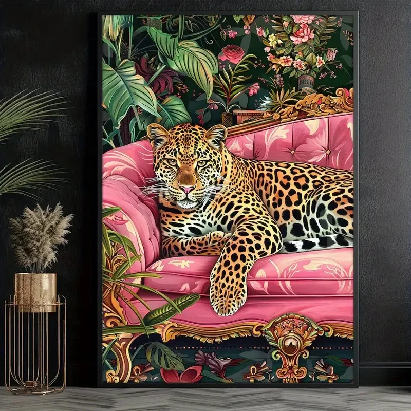 Modern Style Pink Sofa Tiger Canvas Prints Jungle Animal Wall Art Poster for Home Office Bedroom Living Room Decoration Cuadros