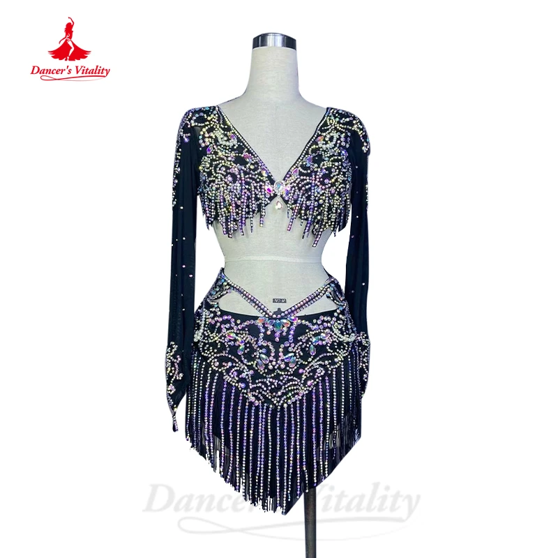 

Belly Dance Costume Suit Customsized Mesh AB Stones Long Sleeves Top+tassel Short Skirt 2pcs Belly Dancing Performance Outfit