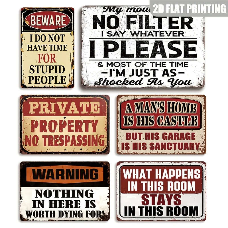 2D Flat, 6pcs Fun Sarcastic Retro Metal Signs, Suitable for Men'S Cave Decoration, Nostalgic Humorous Quotes Wall Hangings, 2D F