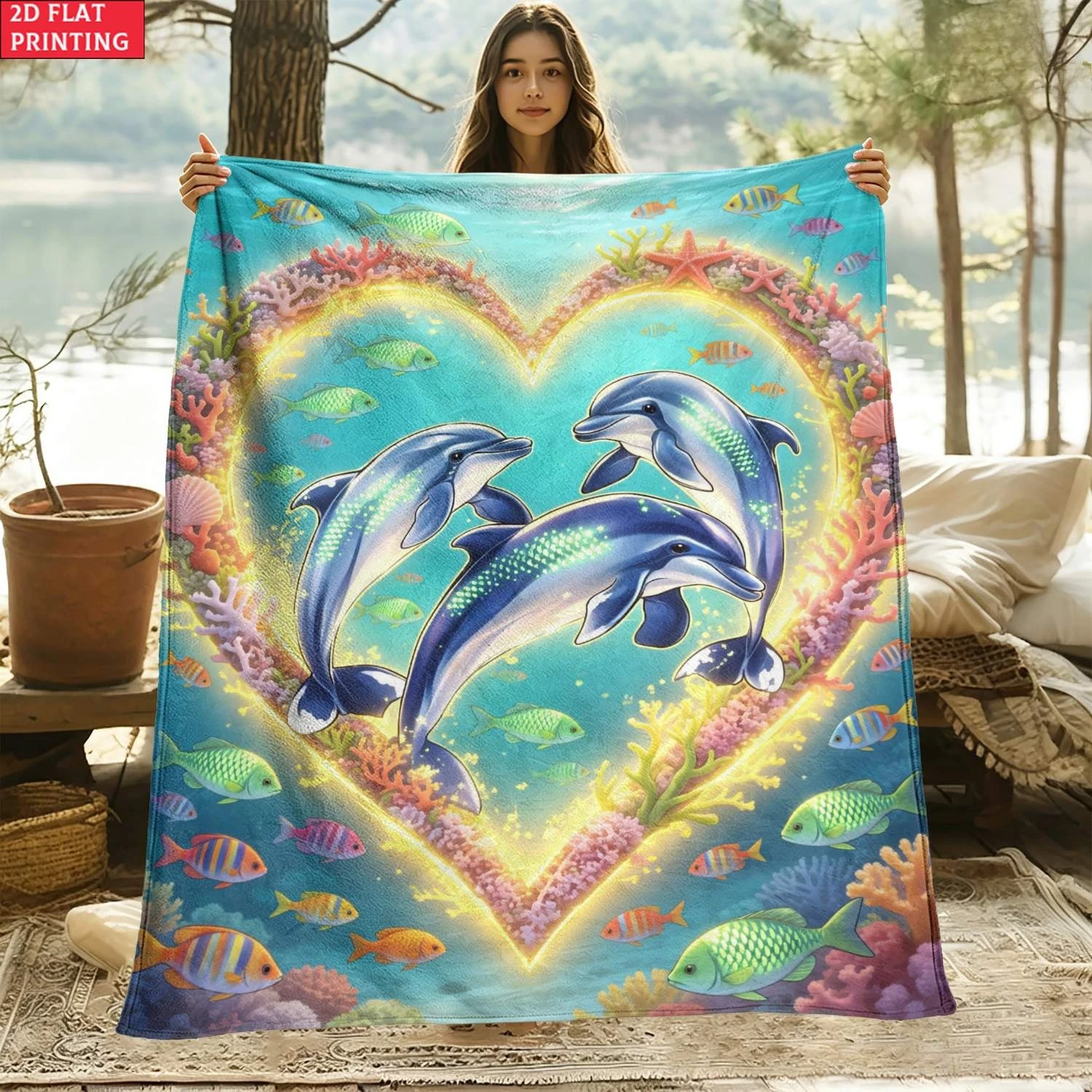 Psychedelic Dolphin Blanket Heart Flannel Fleece Throw Blankets Cozy Luxury Sofa Bedspread Aesthetic Room Bedding Home Decor