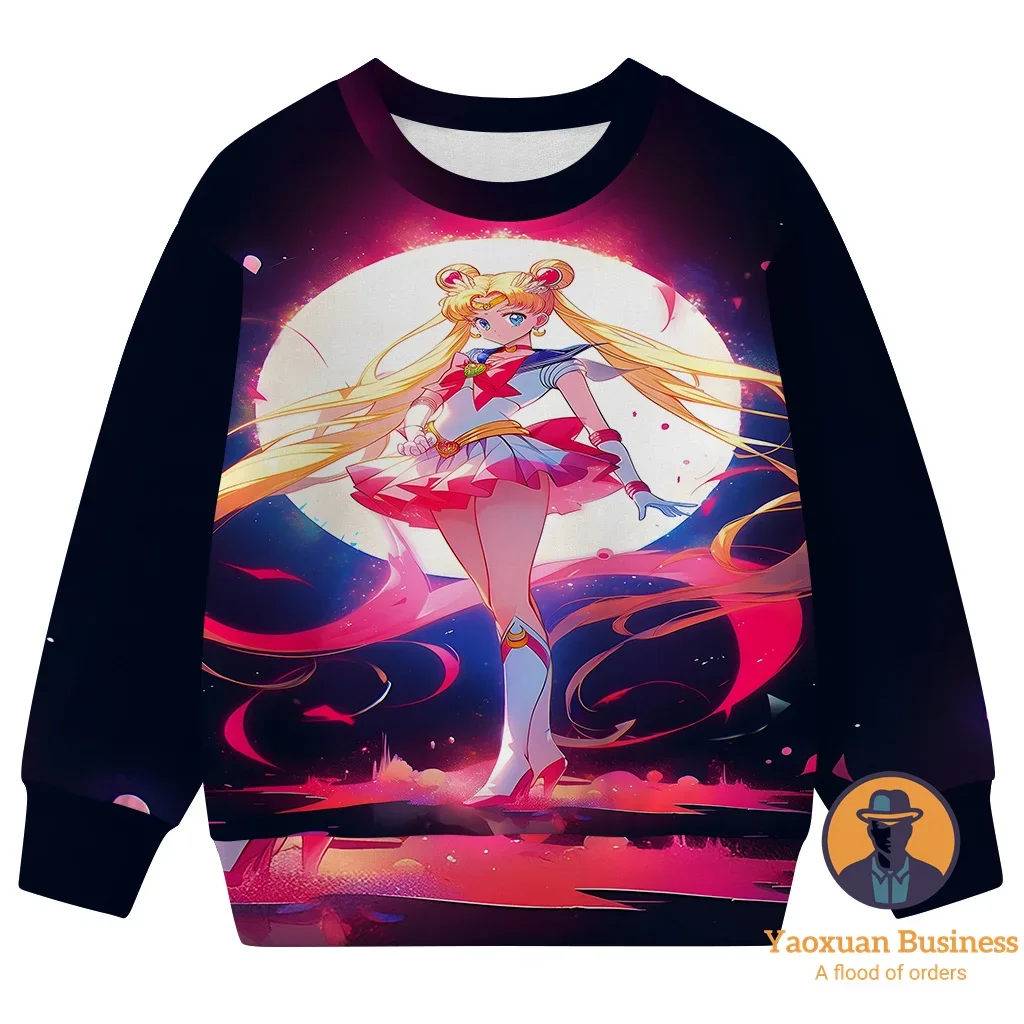 

2025 New Arrival Sailor Moon Kids Boys Girls 3D Cartoon Printed Crew Neck Sweatshirt Pretty Warm Windproof Cute Autumn Winter