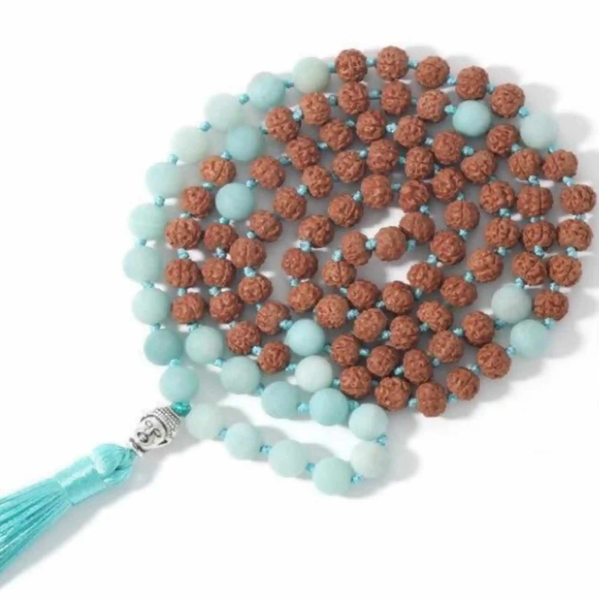 

8mm Natural knot Rudraksha Amazonite gemstone beads necklace Chain Pray Relief spread Natural stone Gift Prayer