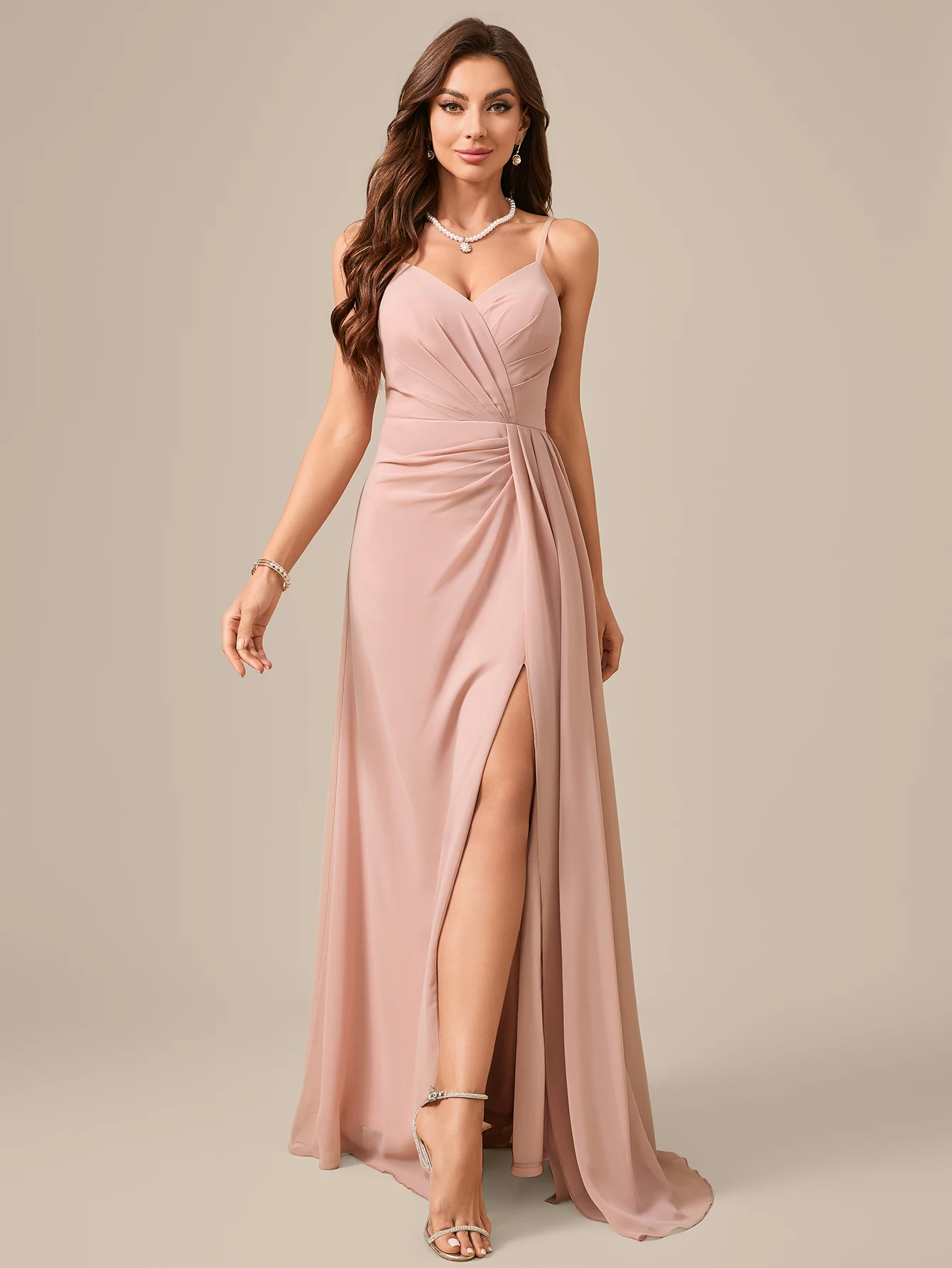 Sukienka druhny bez rękawów z wysokim rozcięciem z szyfonu, elegancka długa suknia dla kobiet na wesele, przyjęcie weselne, moda damska.