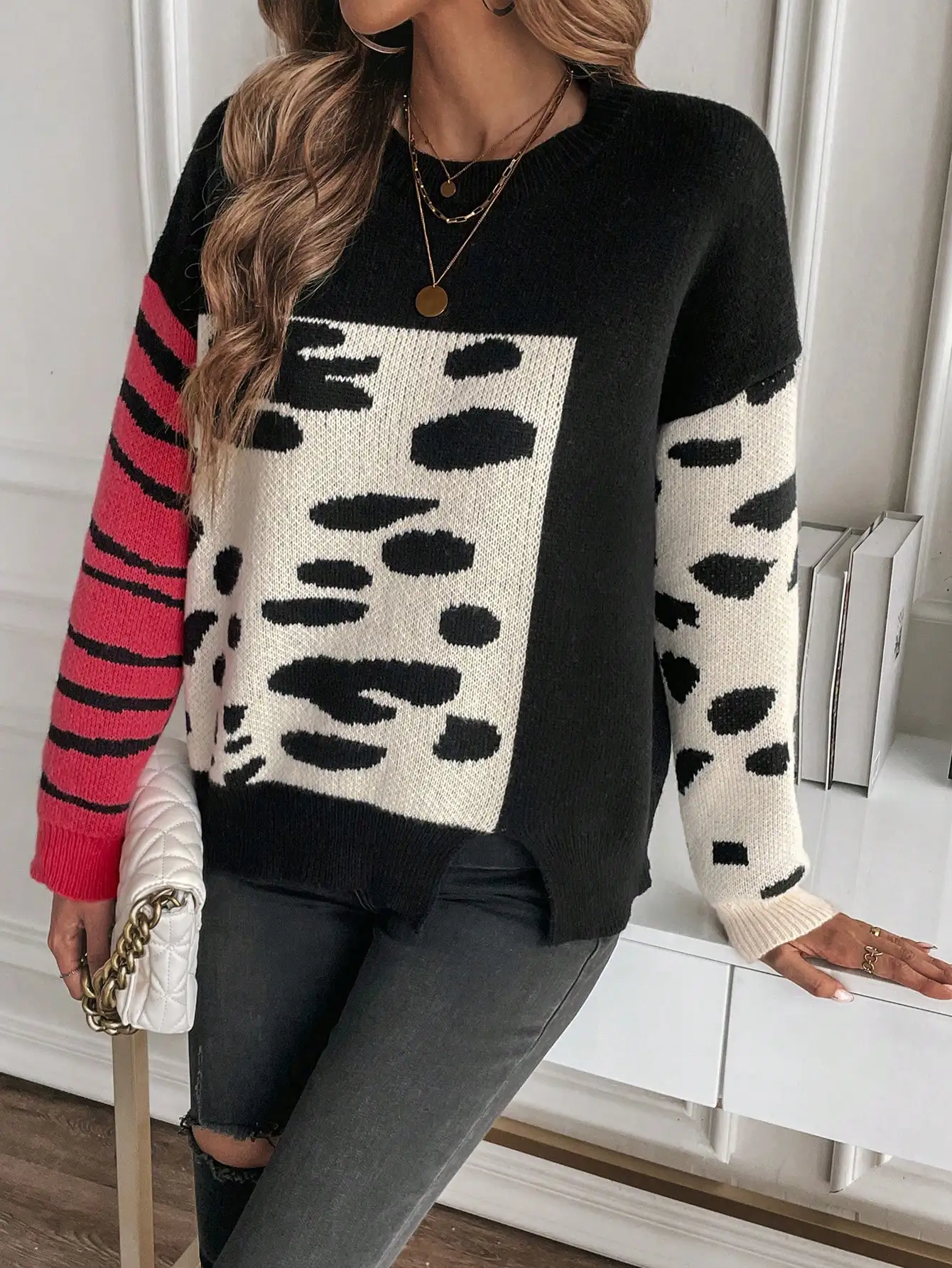 เสื้อสเวตเตอร์ลายสัตว์บล็อกสีสำหรับผู้หญิง แขนยาว คอกลม ทรงหลวม สไตล์ลำลอง ถักนิตติ้ง
