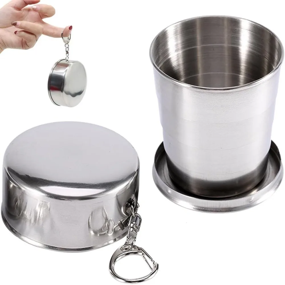 1 Piece Stainless Steel Folding Cup Outdoor Portable Drinkware Camping Drinking Cup Detachable Foldable with Keychain Drinkware