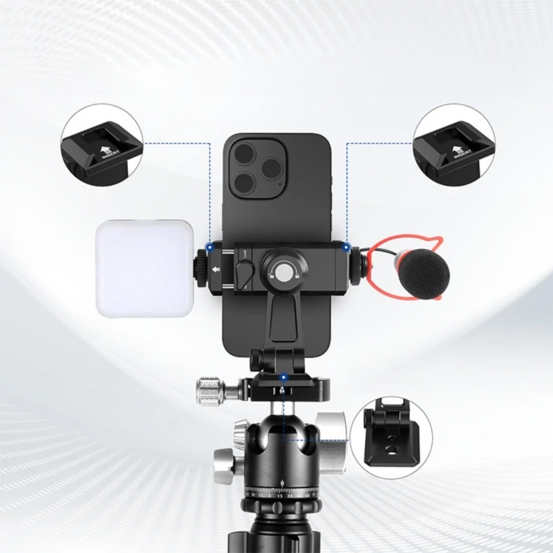 조정 가능한 휴대폰 클립 클램프 홀더 사진 내장 더블 콜드 슈 마운트 지원 ​​360도 회전