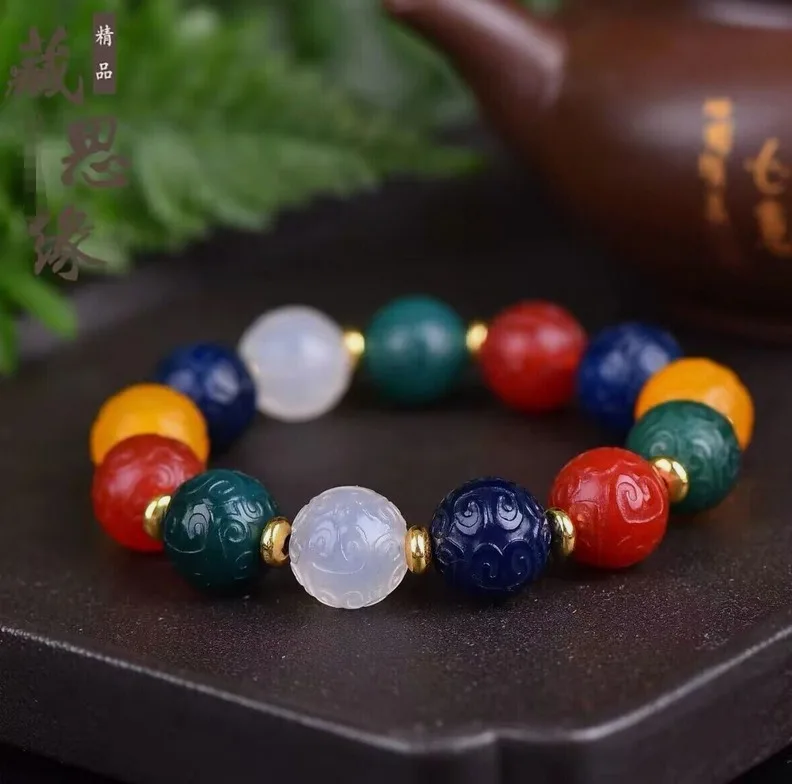 Unique Tibetan Natural Agate Dzi * Multicolor * Beads Bracelet 14mm M3193