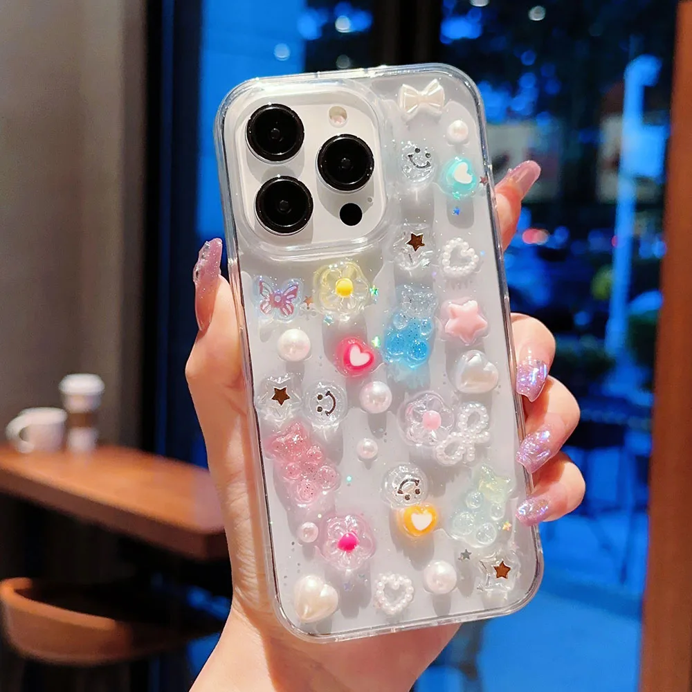 جراب هاتف لامع من الإيبوكسي لـ iPhone ، غطاء شفاف ، كوريا ، الحب ، القلب ، الابتسامة ، النجمة ، اللؤلؤ ، الحلوى ، الدب ، 3D ، 15 ، 14 ، 11 ، 12 ، 13 Pro Max ، 14 زائد #2