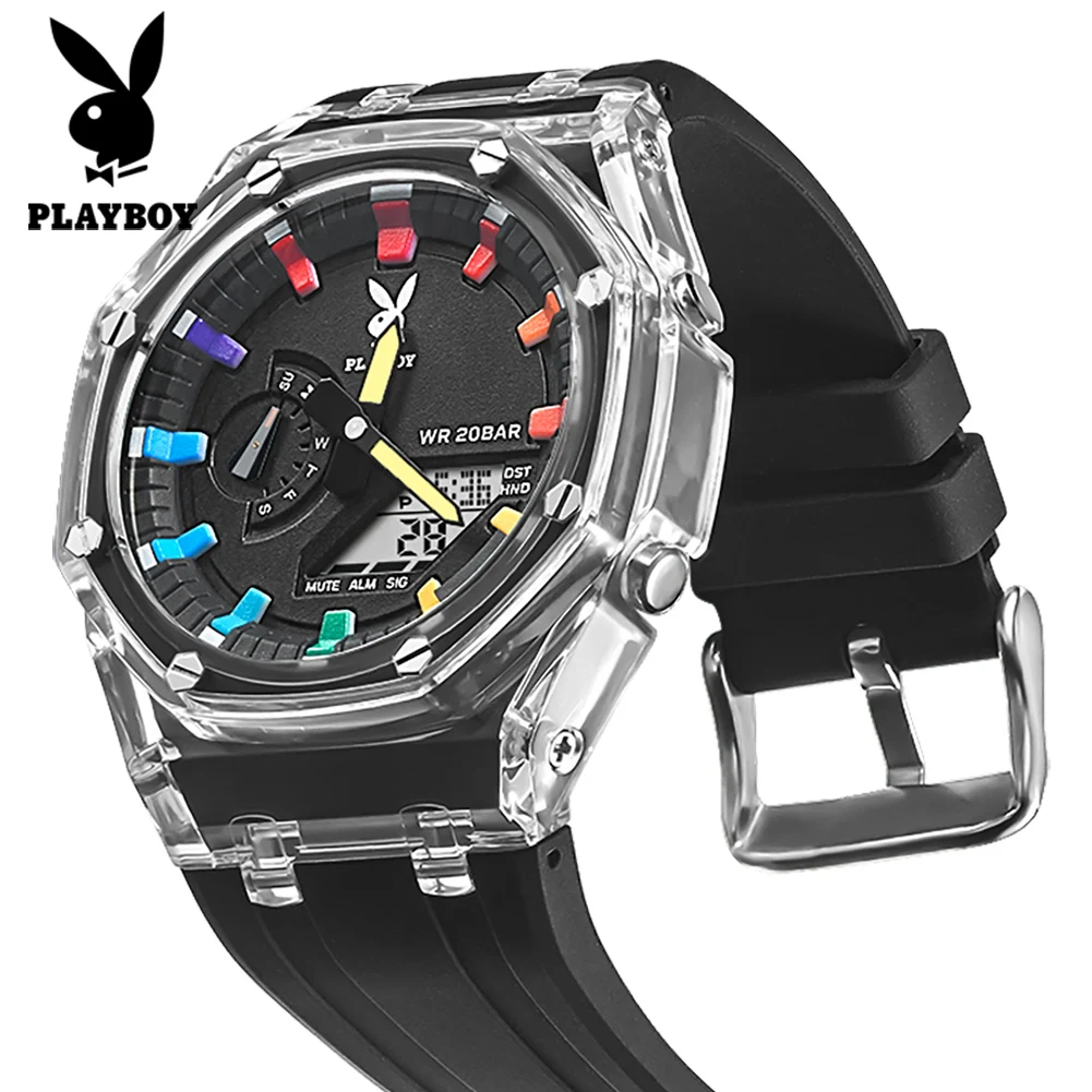 PLAYBOY Exclusive 2066 Electronic Quartz Watches for Man Fashion Transparent Case 200M Waterproof Top Sports Men's Wrist Watches