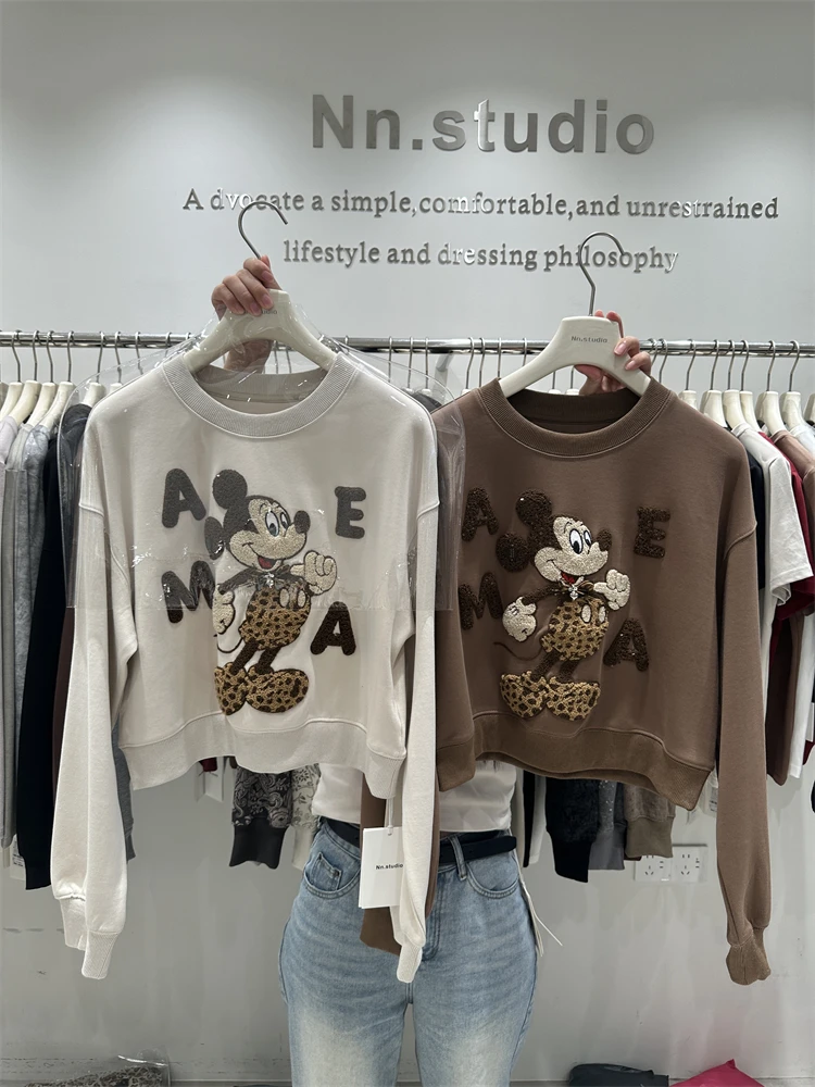 Autumn Winter New Women's Short Coat Loose Casual Hoodies Heavy Craft Leopard Cartoon Long Sleeves Pullover Crew Neck Sweatshirt