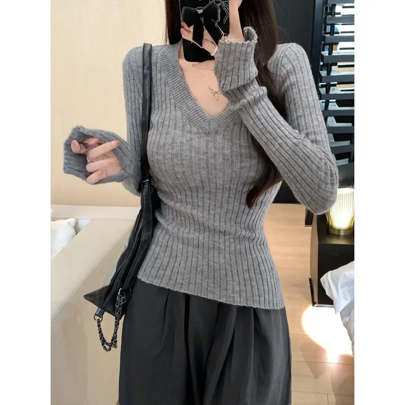 Elegant Petite Casual Long Sleeve Knitted Top For Women Early Autumn Gentle Styles Slimming Smooths Your Silhouette Base Layer T