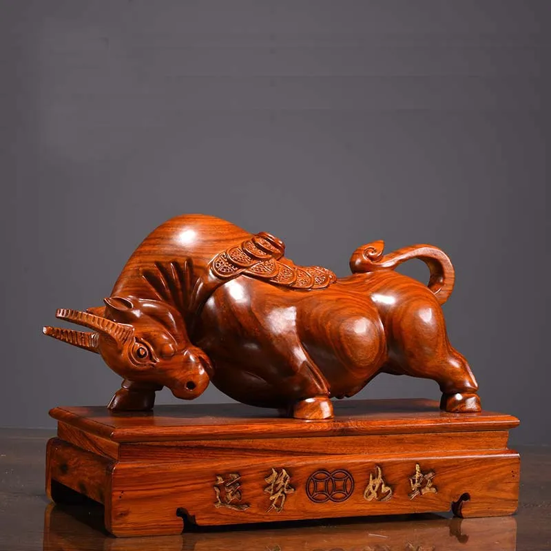 40cm Large HOME SHOP Company Business stock market GOOD LUCK Talisman Money Drawing money Bull Rosewood HAND carving art statue