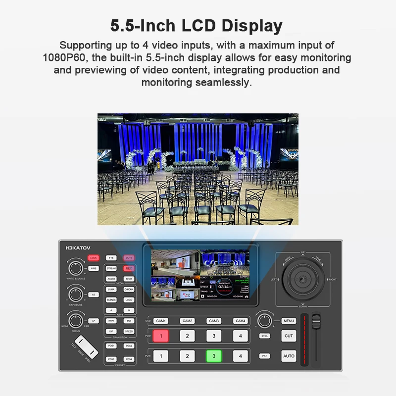 محول خلاط فيديو مع وحدة تحكم PTZ شاشة LCD مقاس 5.5 بوصة، محول بث مباشر HDMI ذو 4 قنوات مع عصا تحكم 4D