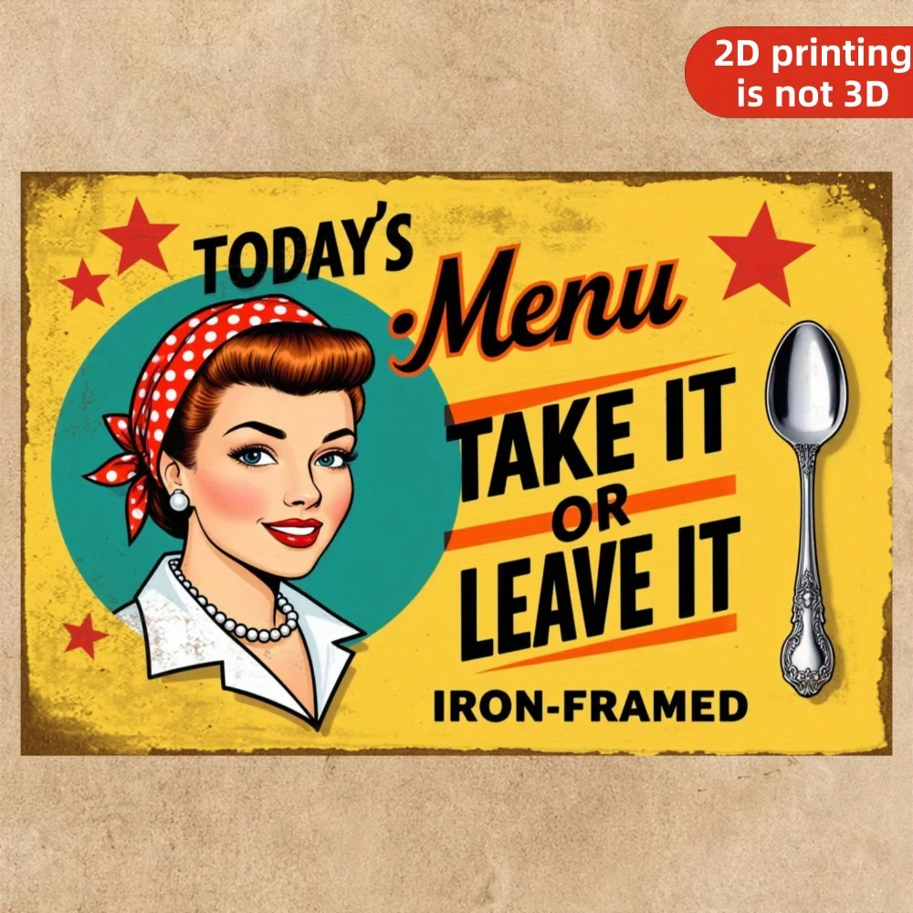 2D Retro Metal Sign Today's Menu Take It or Leave It Iron Frame with Woman & Spoon, No Power Needed, Multi-Use Wall Decor for Ki
