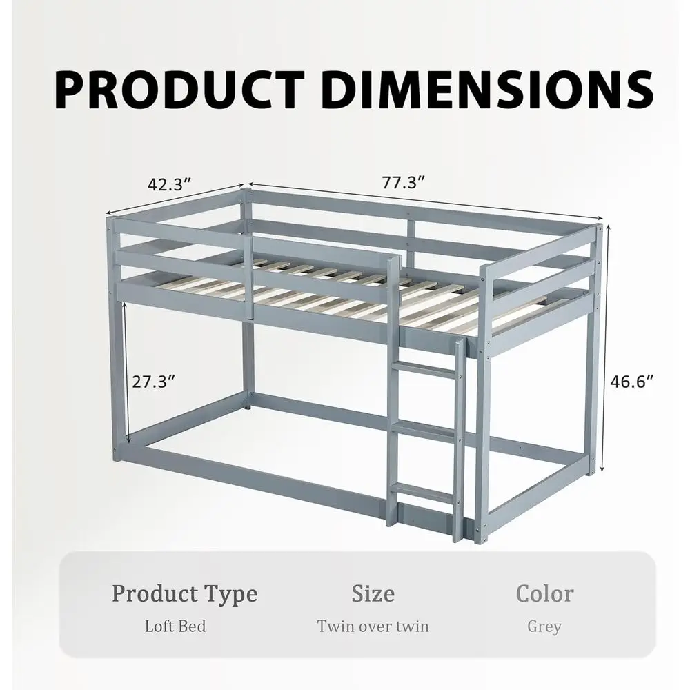 Twin Over Twin Low Bunk Bed with Safety Guardrail, Climbing Ladder, Easy to Assemble, Space-Saving, Bedroom Storage Guard Rail L