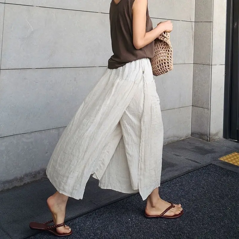 Casual Cotton Linen Blend Women's Spring Summer Loose Fit Plus Size Side Slit Cropped Pants Two-Piece  Bottoms Skirt